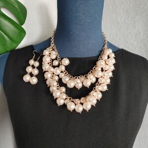 Pale Pink Faux Pearl 2 Tier Necklace Earrings Set